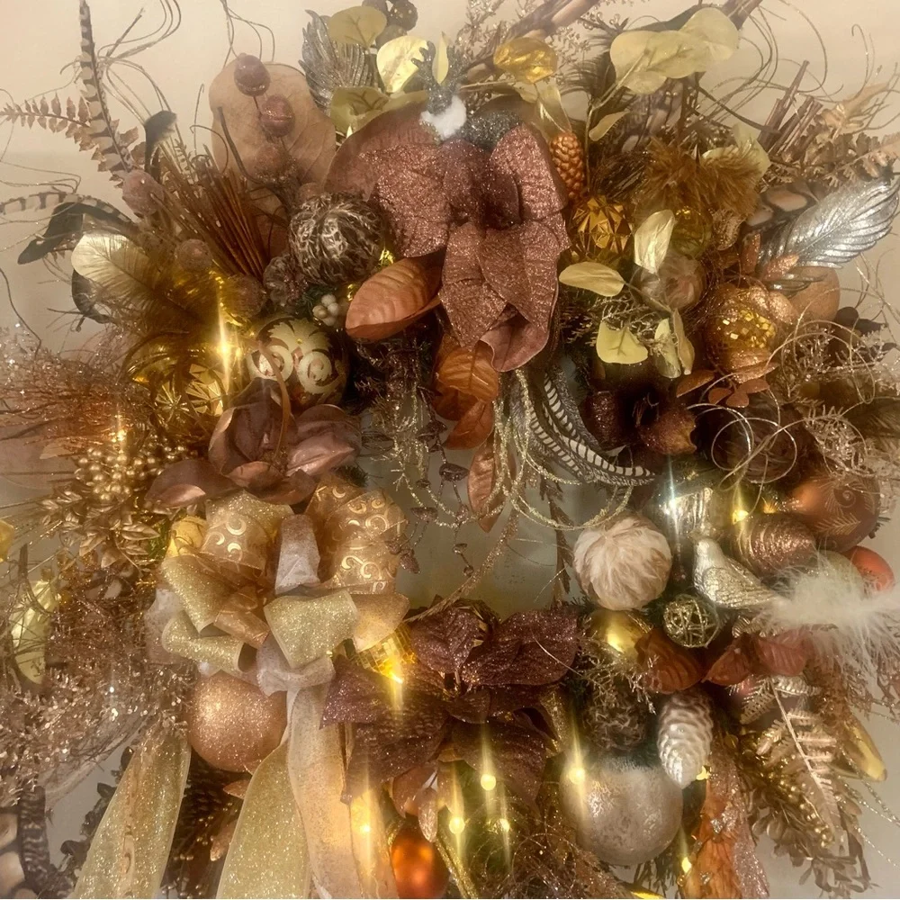 New Large 32” Elegant Floral Christmas Bronze Gold Luxury Wreath With Lights